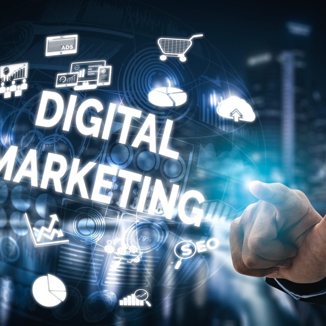 Digital Marketing Technology Solution for Online Business Concept - Graphic interface showing analytic diagram of online market promotion strategy on digital advertising platform via social media.