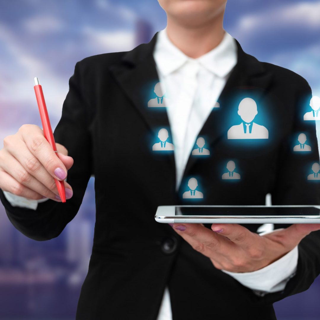 Lady In Uniform Standing Holding Tablet Typing Futuristic Technologies.